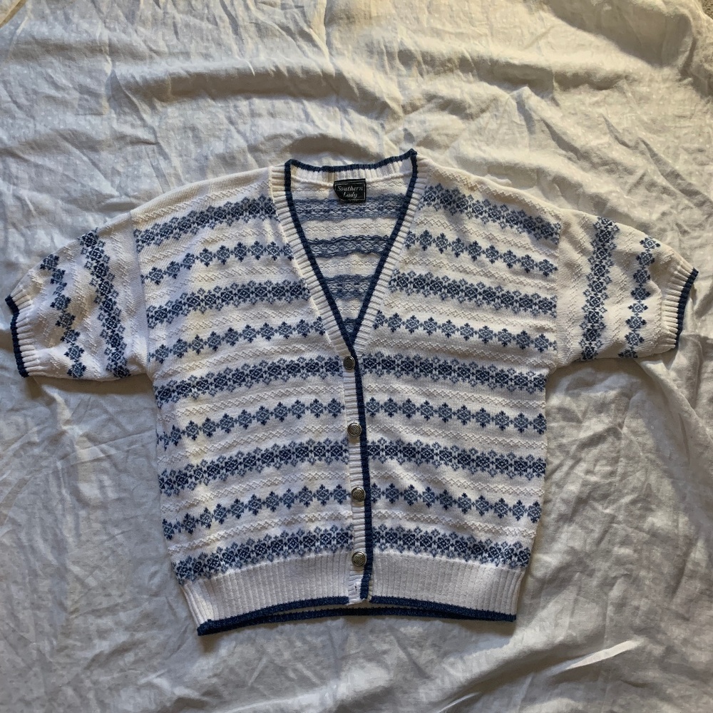 Southern Lady blue and white short sleeve cardigan, knit with buttons
